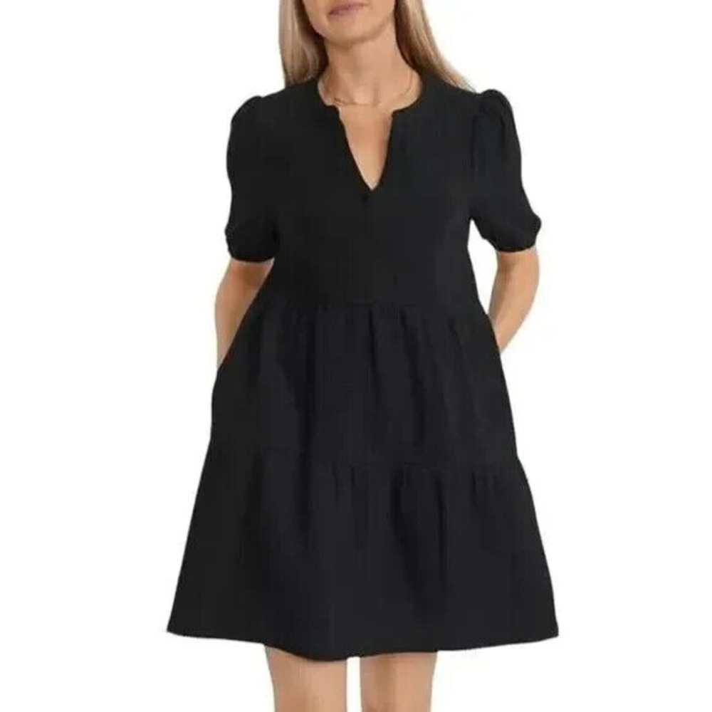 Marine Layer Jamie Dress Black Puff Sleeves Pockets V Neck Cotton Womens Size XS
